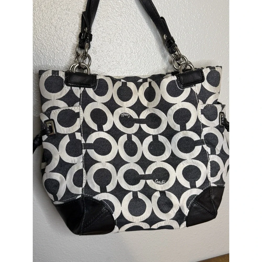 Coach Signature Op Art Draw String Sides Hobo Handbag Black‎ White 14573